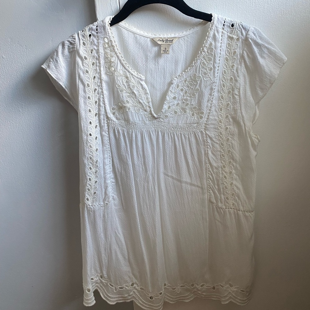 Lucky Brand White Embellished Short Sleeve Blouse